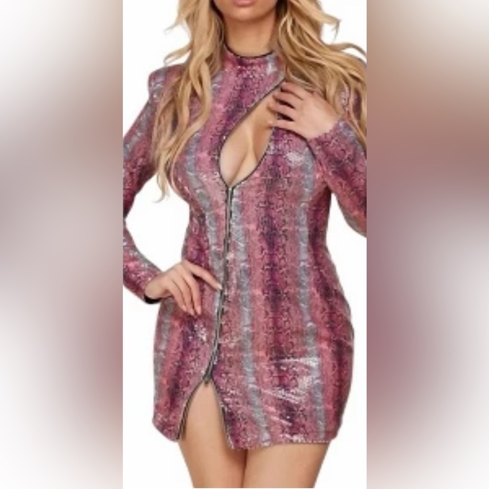 L'atiste by Amy Sequin Snake Print Front Cut Out‎ Mini Dress Pink Size Small